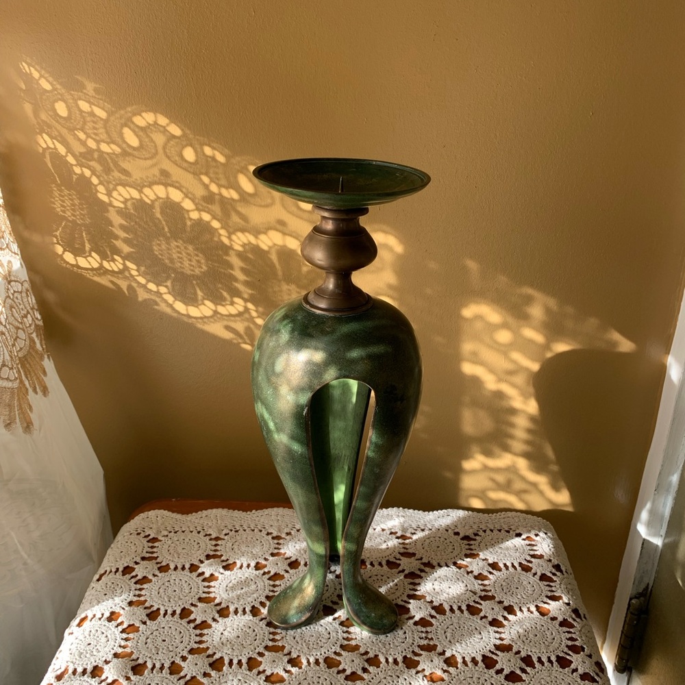 Maitland Smith hand made design Brass candle holder 16” inches tall green vintag
